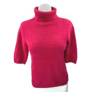 Esqualo Women's Pink Fuzzy Knit Short Sleeve Turtleneck Sweatshirt Sweater Top M